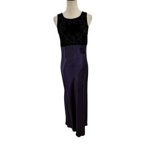Vtg 90s Jody California Satin Velvet Long Dress Purple Black Embroidered Sz‎ 8